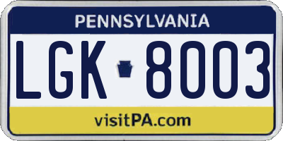 PA license plate LGK8003