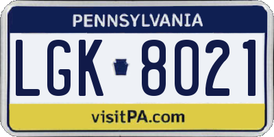 PA license plate LGK8021