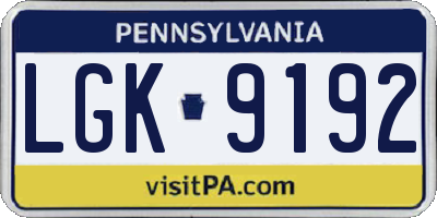 PA license plate LGK9192