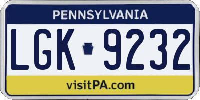 PA license plate LGK9232