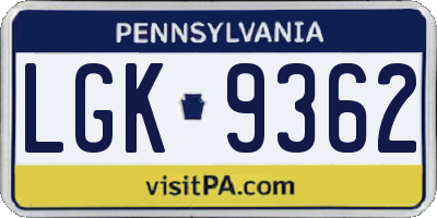 PA license plate LGK9362