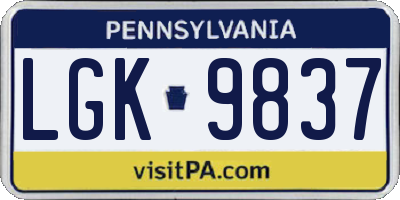 PA license plate LGK9837
