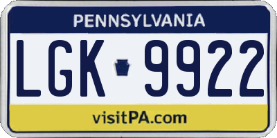 PA license plate LGK9922