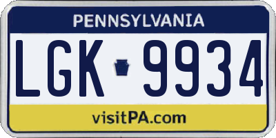 PA license plate LGK9934