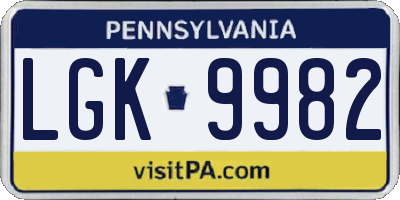 PA license plate LGK9982