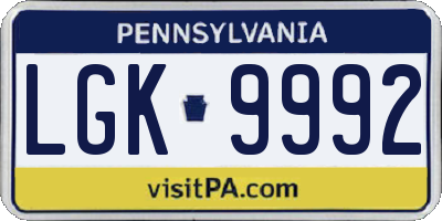 PA license plate LGK9992