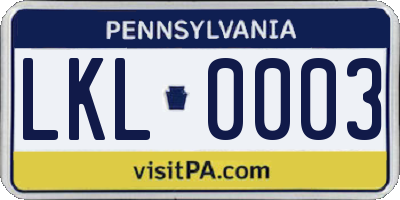 PA license plate LKL0003
