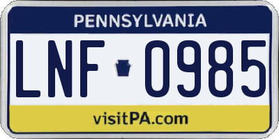 PA license plate LNF0985