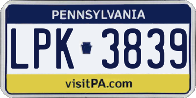 PA license plate LPK3839