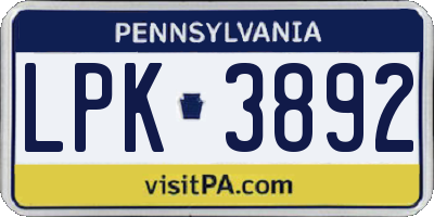 PA license plate LPK3892