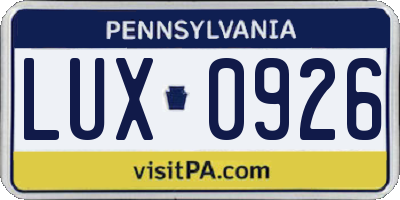 PA license plate LUX0926