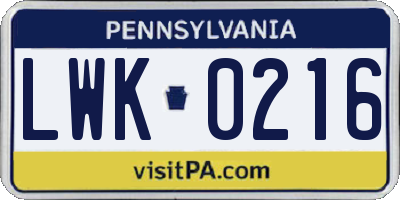 PA license plate LWK0216