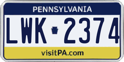 PA license plate LWK2374
