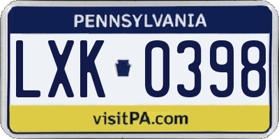 PA license plate LXK0398