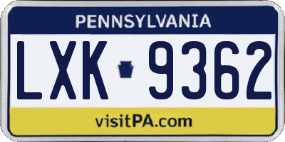 PA license plate LXK9362