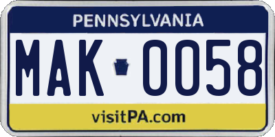 PA license plate MAK0058