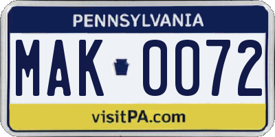 PA license plate MAK0072