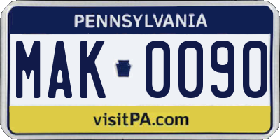PA license plate MAK0090