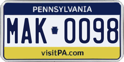 PA license plate MAK0098