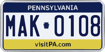 PA license plate MAK0108
