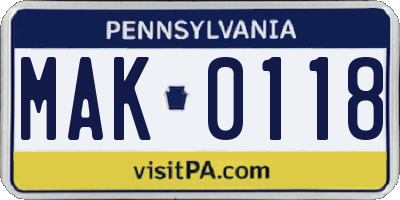 PA license plate MAK0118