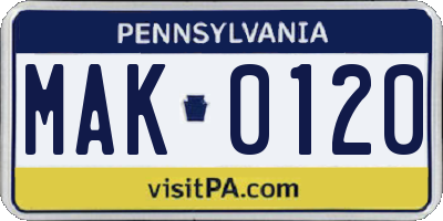 PA license plate MAK0120