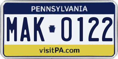 PA license plate MAK0122