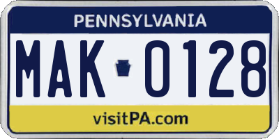 PA license plate MAK0128