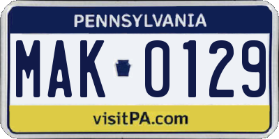 PA license plate MAK0129