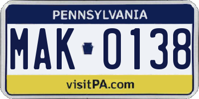 PA license plate MAK0138
