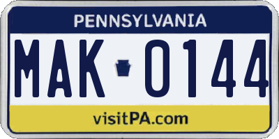 PA license plate MAK0144