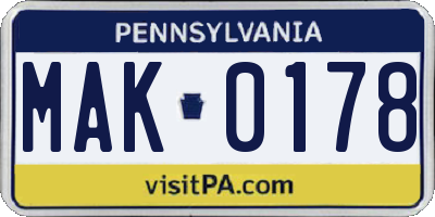 PA license plate MAK0178