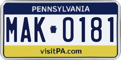 PA license plate MAK0181