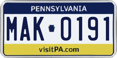 PA license plate MAK0191