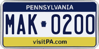 PA license plate MAK0200