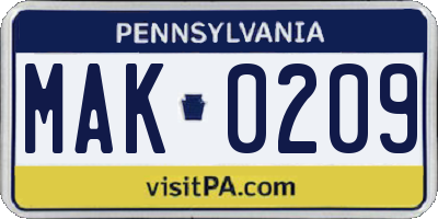 PA license plate MAK0209