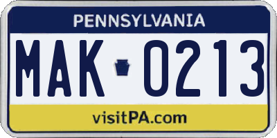 PA license plate MAK0213