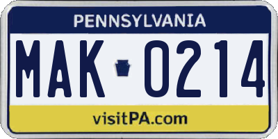 PA license plate MAK0214