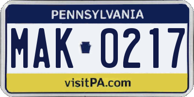 PA license plate MAK0217