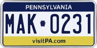 PA license plate MAK0231