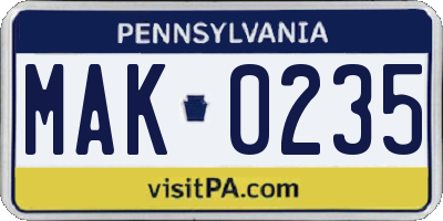 PA license plate MAK0235