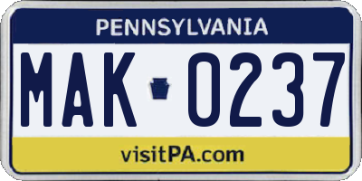 PA license plate MAK0237