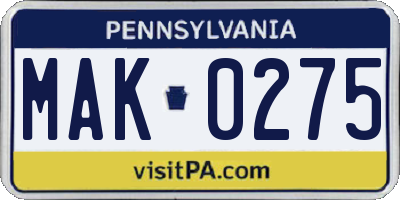 PA license plate MAK0275