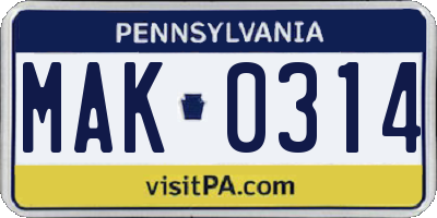 PA license plate MAK0314