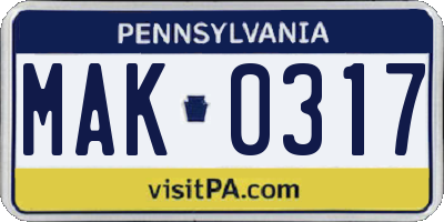 PA license plate MAK0317