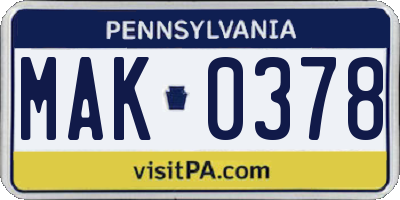 PA license plate MAK0378