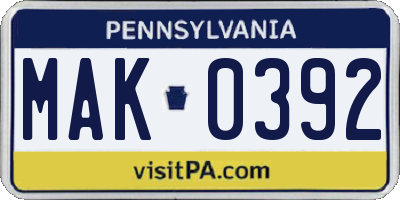 PA license plate MAK0392