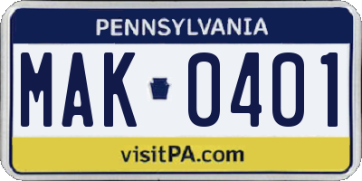 PA license plate MAK0401