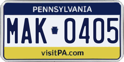 PA license plate MAK0405