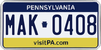 PA license plate MAK0408